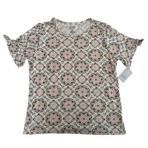 Women's Croft & Barrow Medallion Pattern Short Tie Sleeve Shirt Top Size XL NWT
